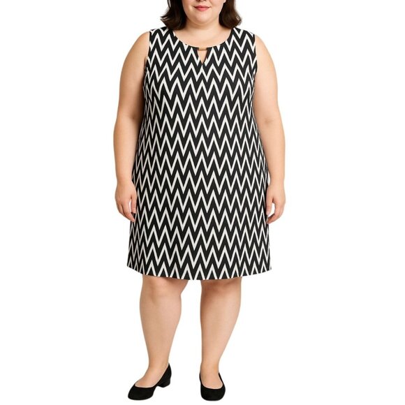 Tacera Black White Chevron Pattern Sleeveless Shift Dress Plus Size 3X - Picture 1 of 9